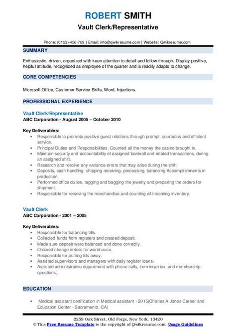 Vault Clerk Resume Samples .